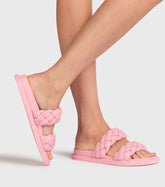 Ruby Pink Plaited Double Strap Sliders